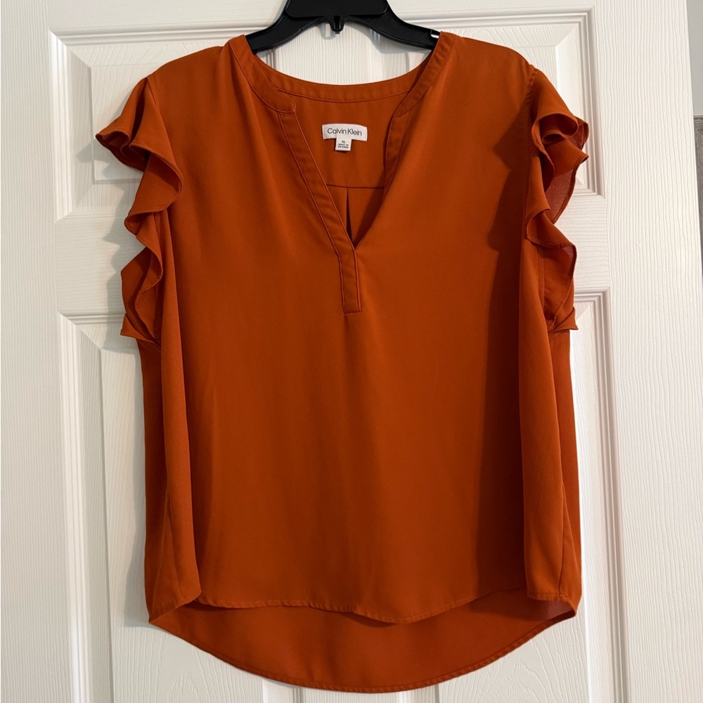 Calvin Klein Women's Dark Orange Flutter Sleeve Top XL